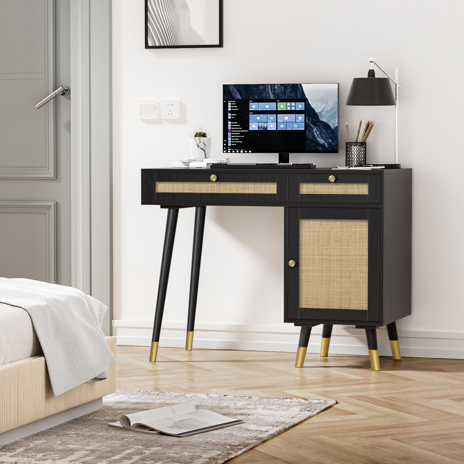 Eumyviv Multipurpose Rattan Furniture, Desktop Computer Desk with Storage, Office Room Desk, Black D0005