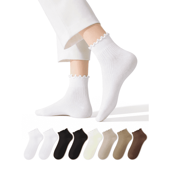 COOPLUS 8 Pairs Ruffle Socks for Women, Frilly Edge Quater Cute Socks for Daily Wear
