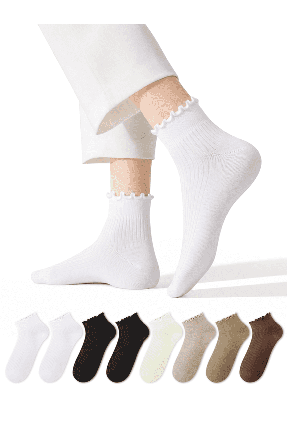 8 Pairs Ruffle Socks for Women, Frilly Edge Quater Cute Socks for Daily Wear