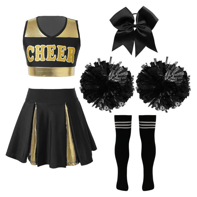 RUNQHUI Uniforme de Danse de Cheerleading pour Filles Enfants Tenue de Performance Déguisement Costume de Cheerleader A Noir&Blanc 16