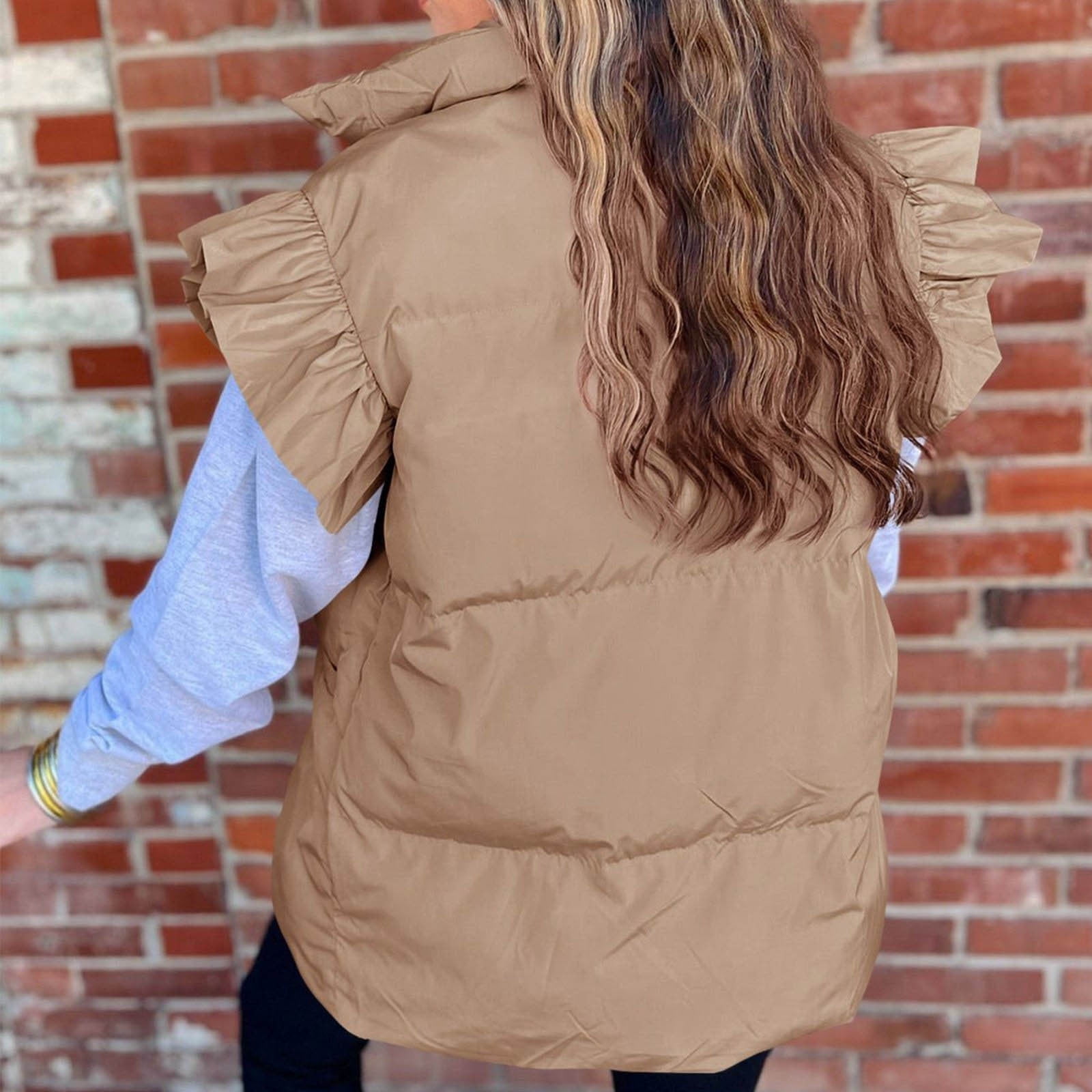 Lenpel Women's Padded Vests Button down Ruffle Sleeveless Puffer Jackets Lightweight Winter Coat with Pockets