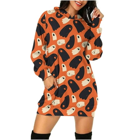 

Red Dresses for Women Sweater Dress Women s Hooded Long Sleeve Halloween Print Dress LooseFashion Mini Dress Clearance 2022 Maternity Dress for Photoshoot Long Sleeve Dress Orange 2XL