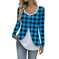 thumbnail image 3 of XPMWRP Women Fake Two Piece Patchwork Tunic Top Loose Crew Neck Button Up Henley Shirts Long Sleeve Dressy Casual Blouse Blue XXXXXL, 3 of 7