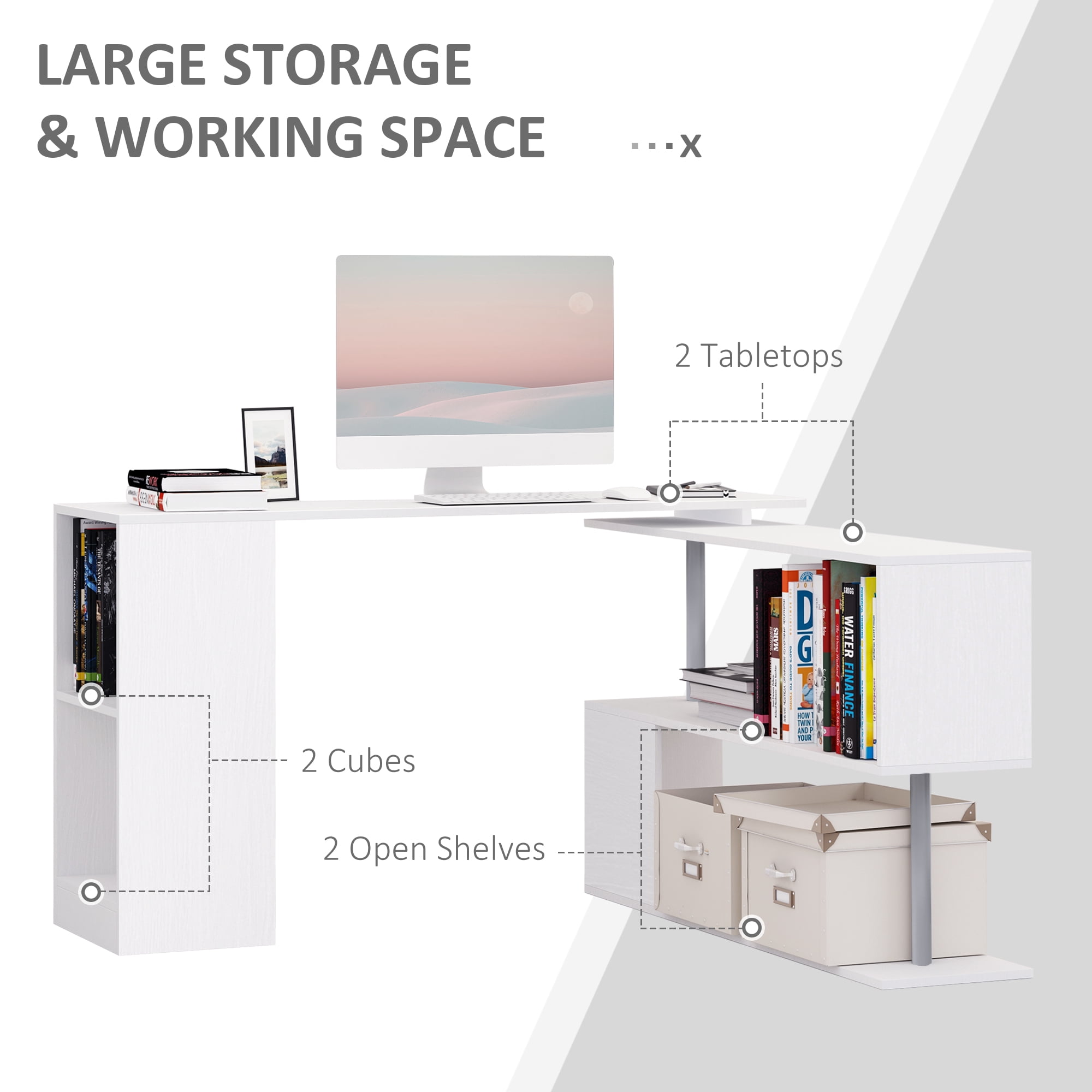 Office Desks 55" 360° Rotating Corner Computer Desk Modern L-Shaped Home Office Workstation with 3-Tier Storage Shelves, Bookshelf, White,Wooden Office Desks