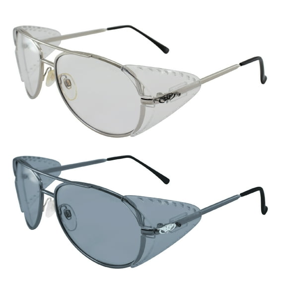 2 Pair Global Vision Aviator-Z87 Silver Safety Glasses with Side Shields 1 Clear Lens and 1 Smoke Lens