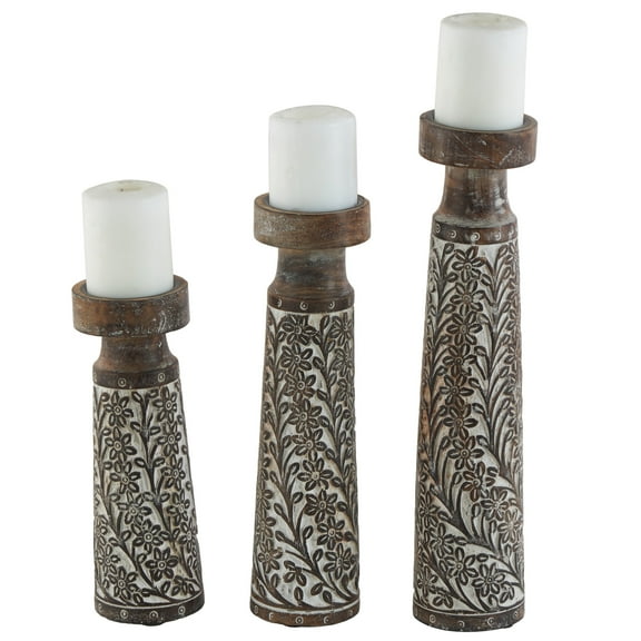 DecMode 3 Candle Brown Mango Wood Handmade Floral Vine Candle Holder with Whitewashed Cream Backing, Set of 3
