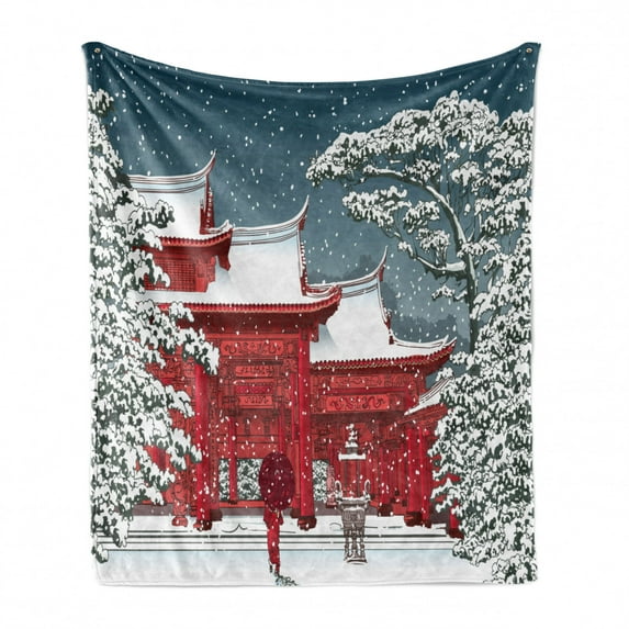 Winter Soft Flannel Fleece Throw Blanket, Japanese Folk Building Under Snow Snowflakes, Cozy Plush for Indoor and Outdoor Use, 70" x 90", Pink Blue Grey, by Ambesonne