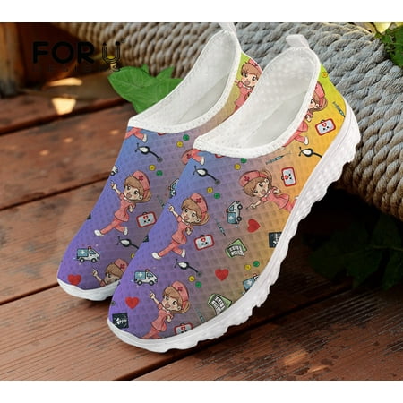 FORUDESIGNS Gradient Style Women Nurse Design Pattern Flats Shoes Casual Sneakers Summer Ladies Air Mesh Breathable Loafers 2024