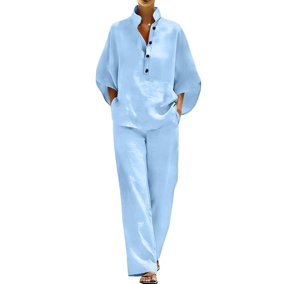 qelini Womens 2 Piece Outfit Plus size High Waist V Neck Top Wide Leg Pants Summer Solid Color Sets Everyday Wear