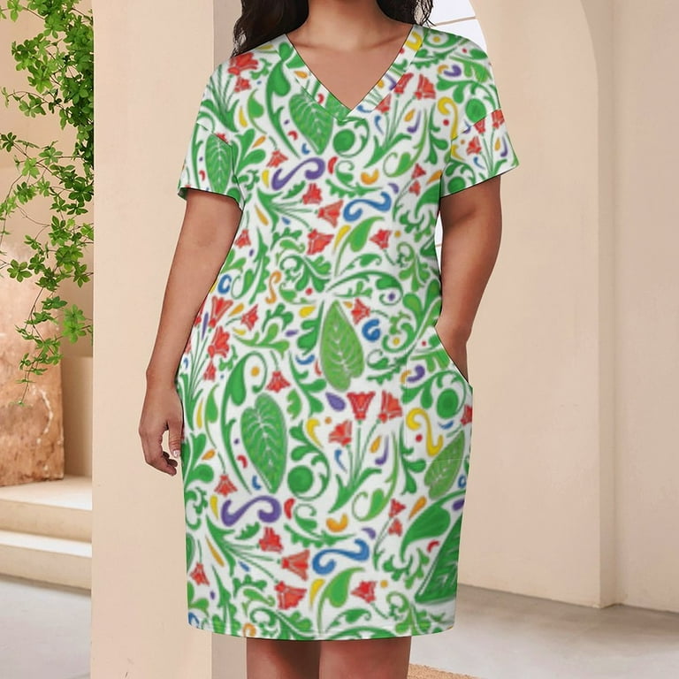 Whimsical Floral Green Leaf Pattern Summer Dresses for Women Beach Boho -  Walmart.com