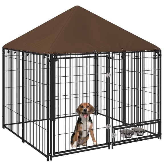 Pet Playpen PawHut Outside Dog Kennel, 4.6' x 4.6' x 5' Puppy Play Pen with Canopy, Garden Playpen Fence Crate Enclosure Cage Rotating Bowl, Black,Guinea Pig Cage
