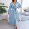thumbnail image 4 of qafoshin Fall Pleated Dresses for Women V Neck Long Sleeve Midi Dress Waistband Classic Ruched Dress, 4 of 7