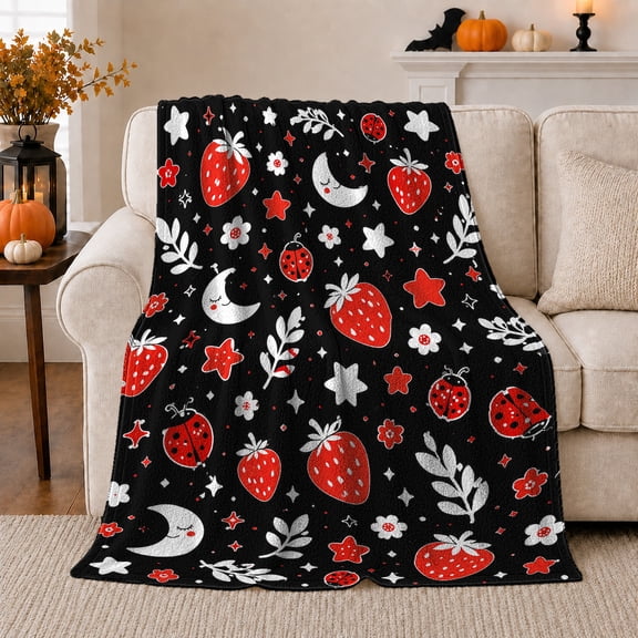 Strawberry ladybug moon stars black Flannel Blanket for bedroom nursery living room reading nook Home Decor cute fruit garden night floral art Gift for girls joy