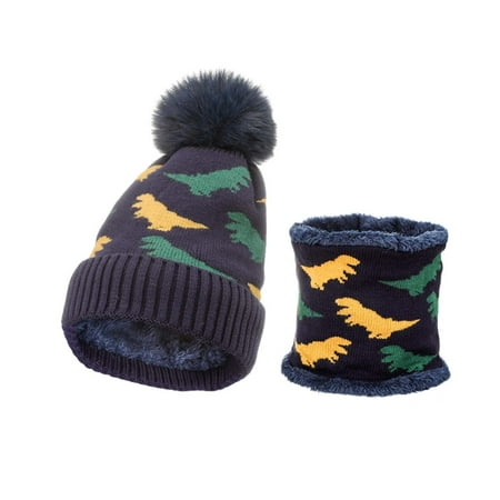 

Toddler Kids Baby Hats Retro Graphic Printed Winter New Children s Knitted Bib Jacquard Dinosaur Plush Warm Suit Headwear Cozy Stylish Headgears