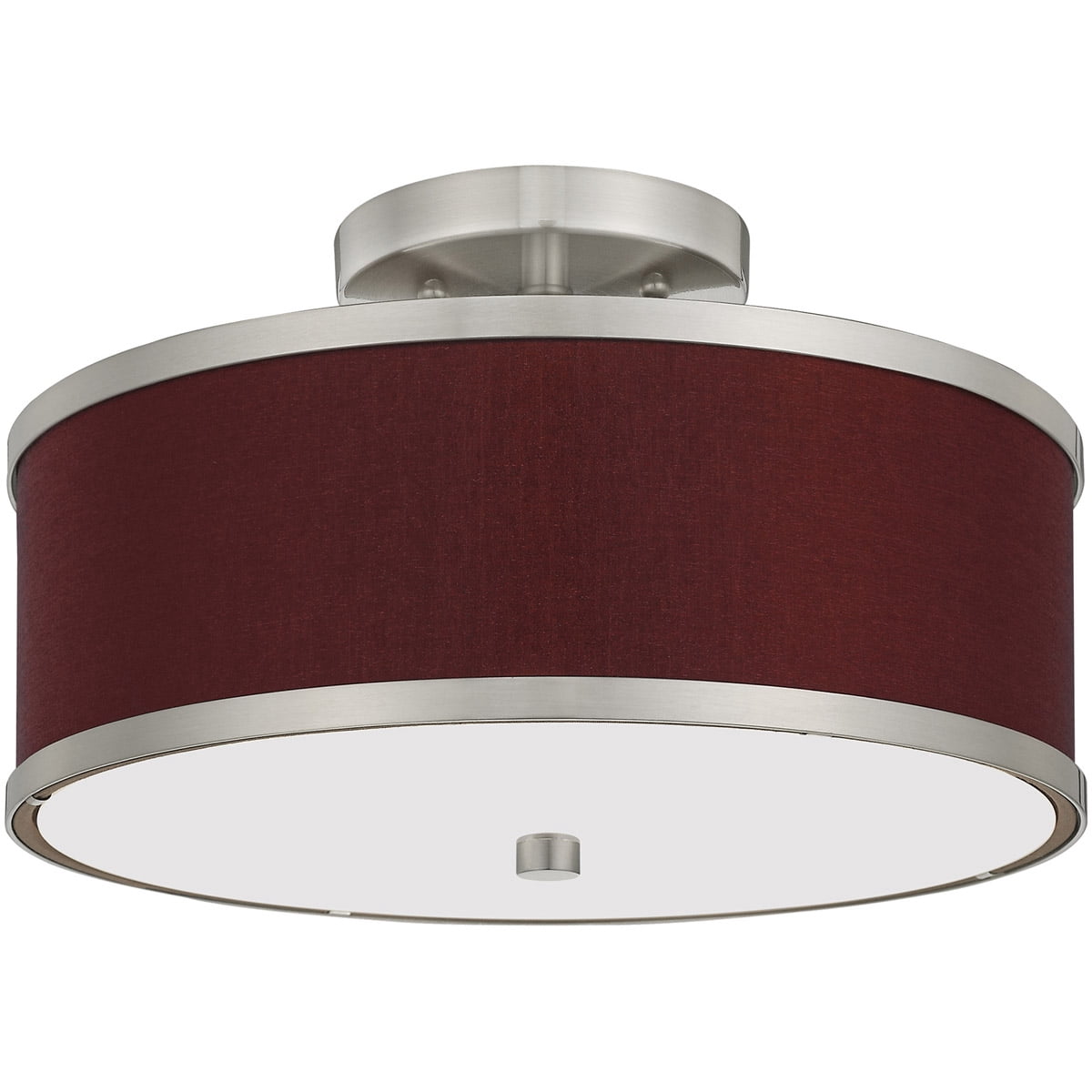 2 Light Brushed Nickel Ceiling Light fixture with Hand Crafted Red Wine Fabric Hardback Shade