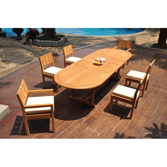 Grade-A Teak Dining Set: 6 Seater 7 Pc: 118" Double Extension Mas Oval Trestle Leg Table And 6 Veranda Chairs (2 Arm & 4 Armless Chairs) WholesaleTeak #WMVR84