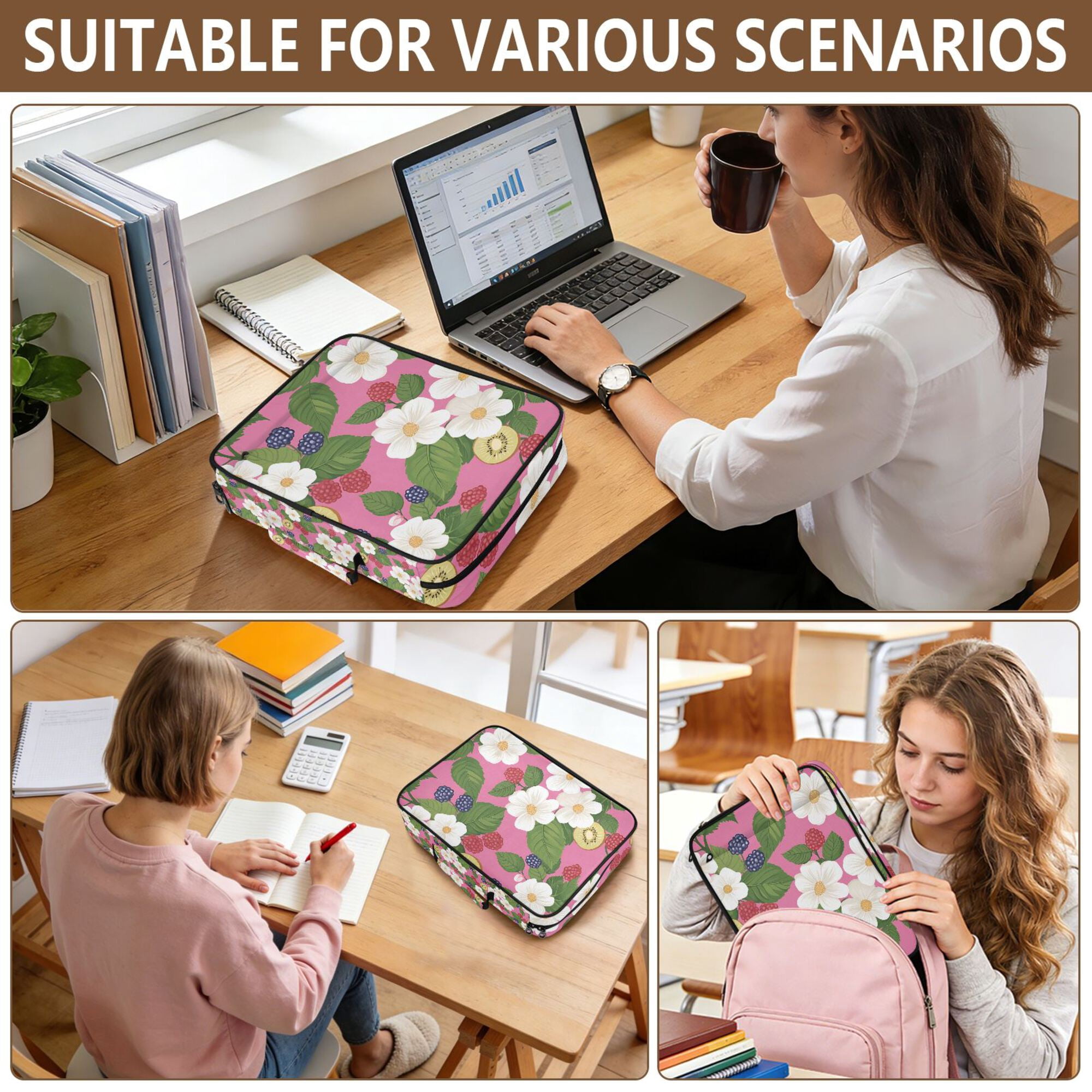FORMRS Accordion File Folder A4 Size 7-Pocket Expanding Document Organizer Bag with 3 Ring Binder, White Flowers
