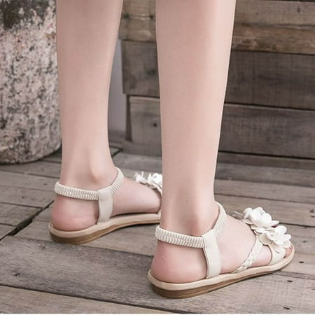 

LWVITH Women Summer Sandals Bohemia Beach Flat Sandals Open Toe Ankle Flower Gladiator Shoes Casual Flower Comfortable Slip on Sandals Clearance（Beige， 9.5）