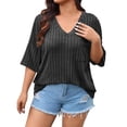 thumbnail image 4 of vdgthytj Womens Plus Size Tops Short Sleeve V-Neck Ribbed Knit Sweater Loose Fitted Summer Casual Tunic with Pocket, 4 of 7