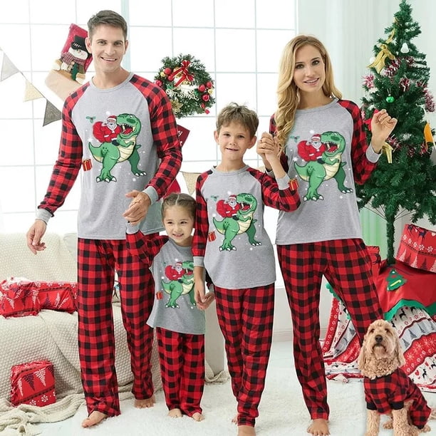 Pijama familiar a juego de Navidad, Conjunto de pijama de dinosaurio y Papá Noel