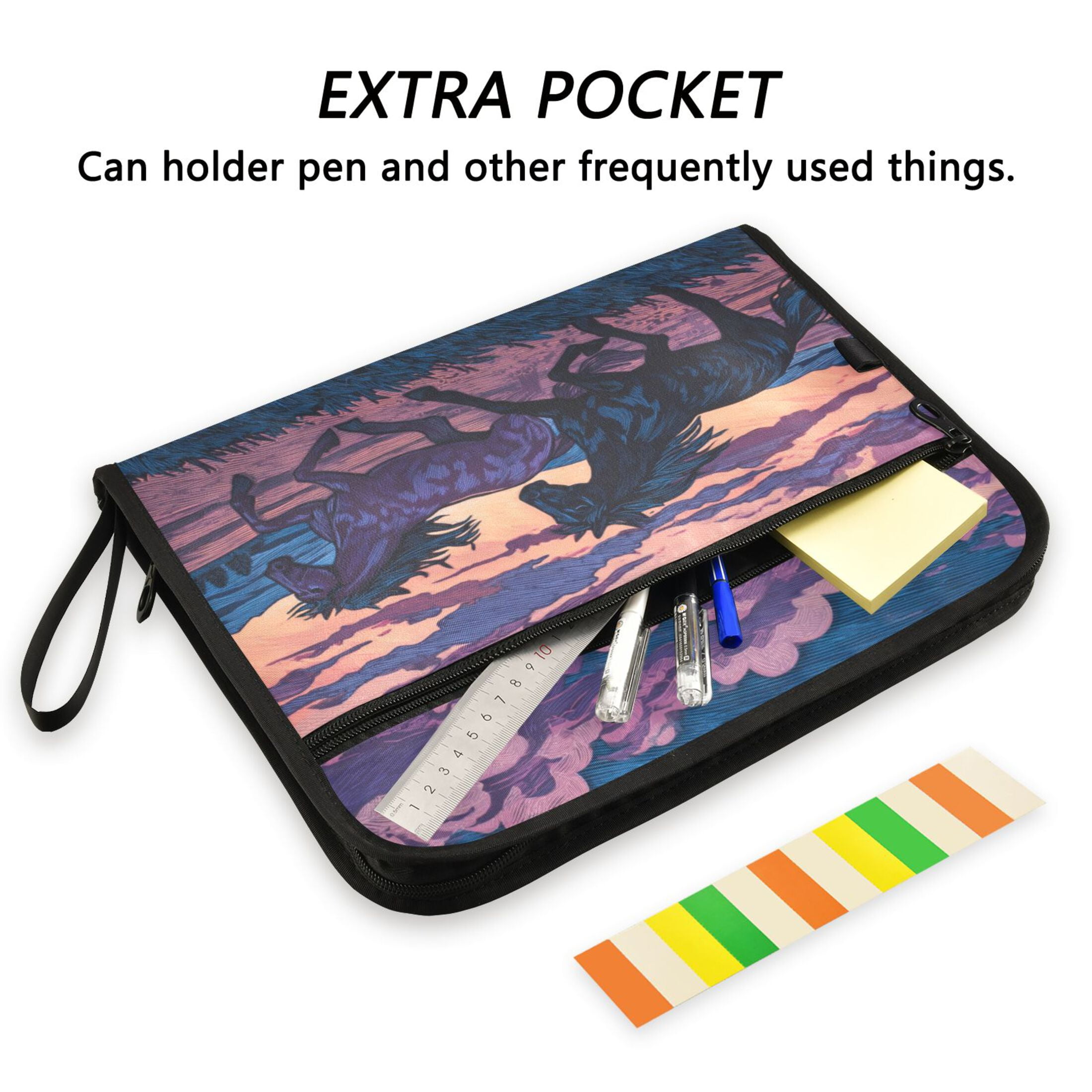 Accordion File Organizer with Zip Closure 13 Pockets Expanding File Folder Letter A4 Paper Document Organizer for Home Office Wild Horses Running
