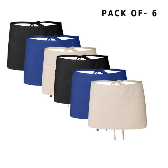 Q-Tees - Waist Apron with Pockets | Aprons for Cooking, Kitchen, and Chef Use | Mix Pack Apron | Black, Natural, Royal | Pack of 6
