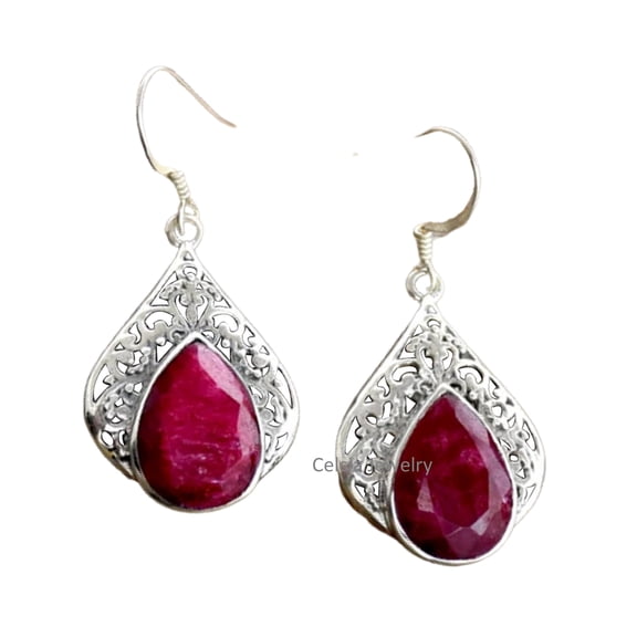 Solid 925 Sterling Silver Dangle Drop Earrings For Women, Natural Ruby Pear Gemstone Unique Handcrafted July Birthstone Earrings For Her