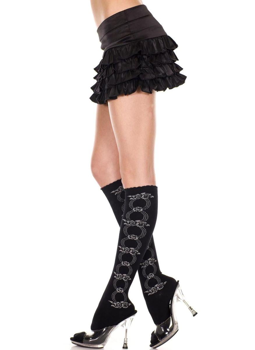 Knee Hi With Floral Design Nylon Costume Stocking One Size