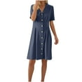 thumbnail image 2 of Ashirexll Womens Summer Dresses, Flowy Dresses for Women, Linen Look Solid Color Turn Down Collar Short Sleeve Button Dress, 2 of 6