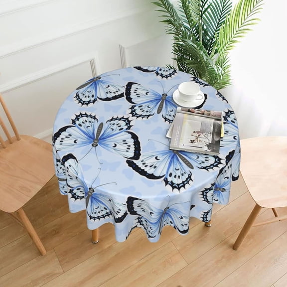 Blue Butterfly Tablecloth Round Table Cover Washable Polyester Table Cloth for Kitchen Party Picnic Dining Decor 60 Inch