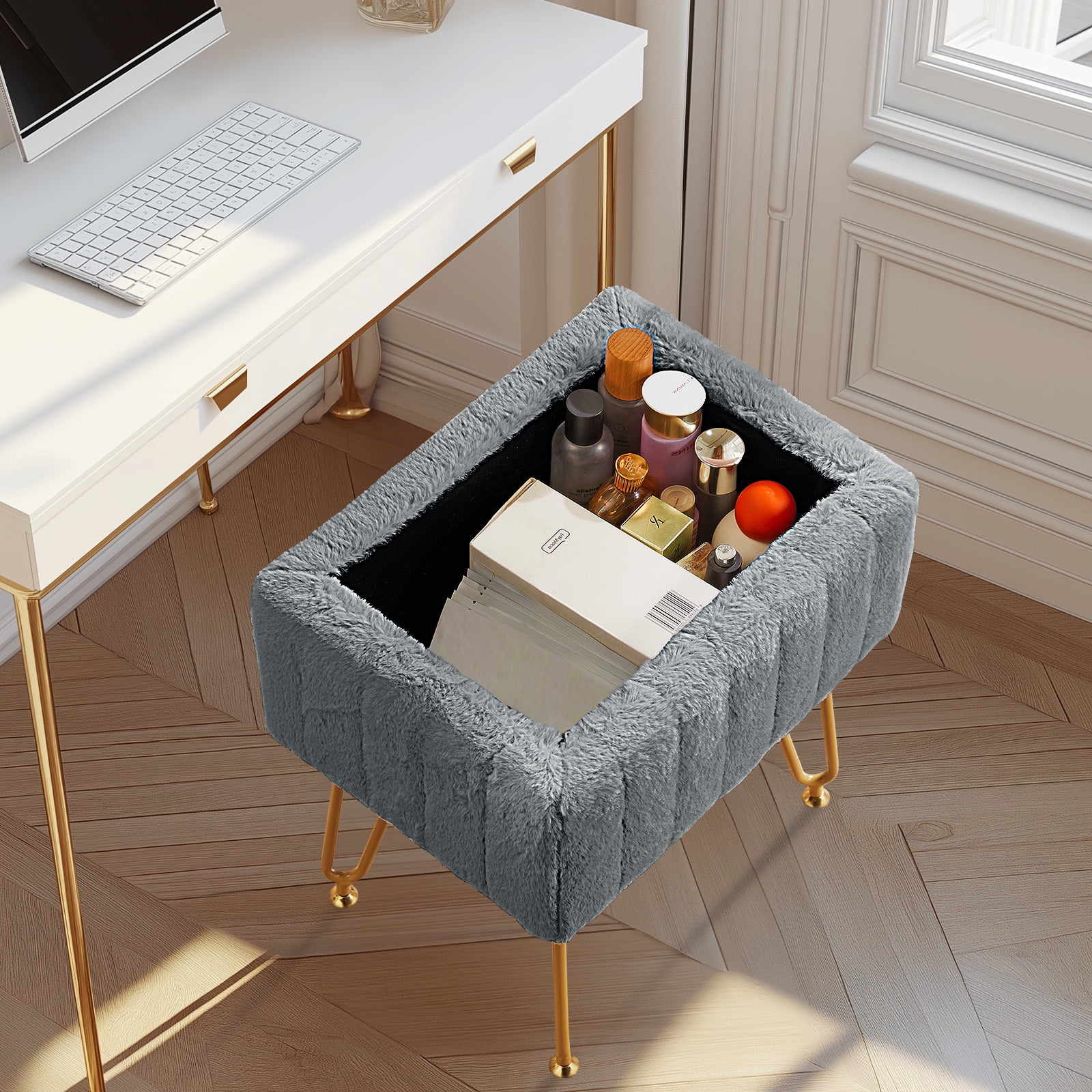 MCQ Stool Chair with Storage Space,with Non-Slip Feet, for Dressing Room, Bedroom, Grey