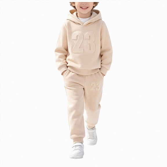 HFHAPW Boys Girls Sweatsuit 2 Piece Outfits Cozy Athletic Tracksuit Set Pullover Hoodie and Jogger Pants Kids Clothes(Khaki,5-6 Y)