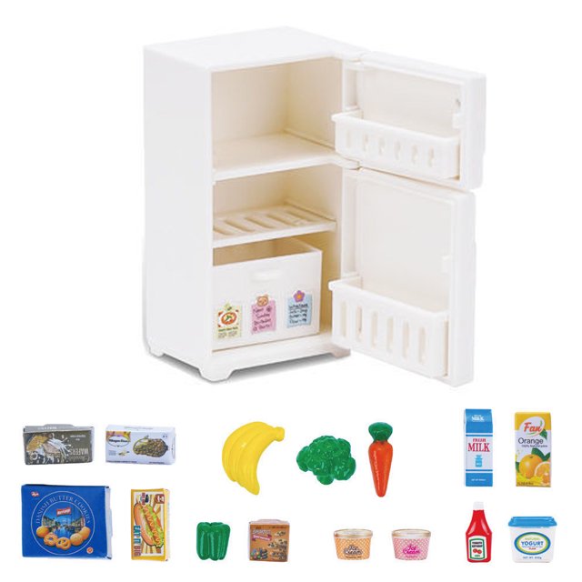 Mini Dollhouse Freezer Model Simulation Refrigerator Toy with 17 Accessories,and Cute Food, Pretend Play Toy for Children