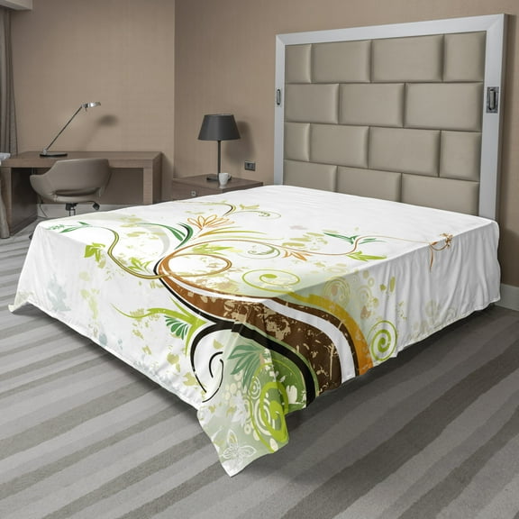 Ambesonne Floral Flat Sheet, Flowers Ivy Leaves Ivy, Full Size, Earth Yellow Burgundy