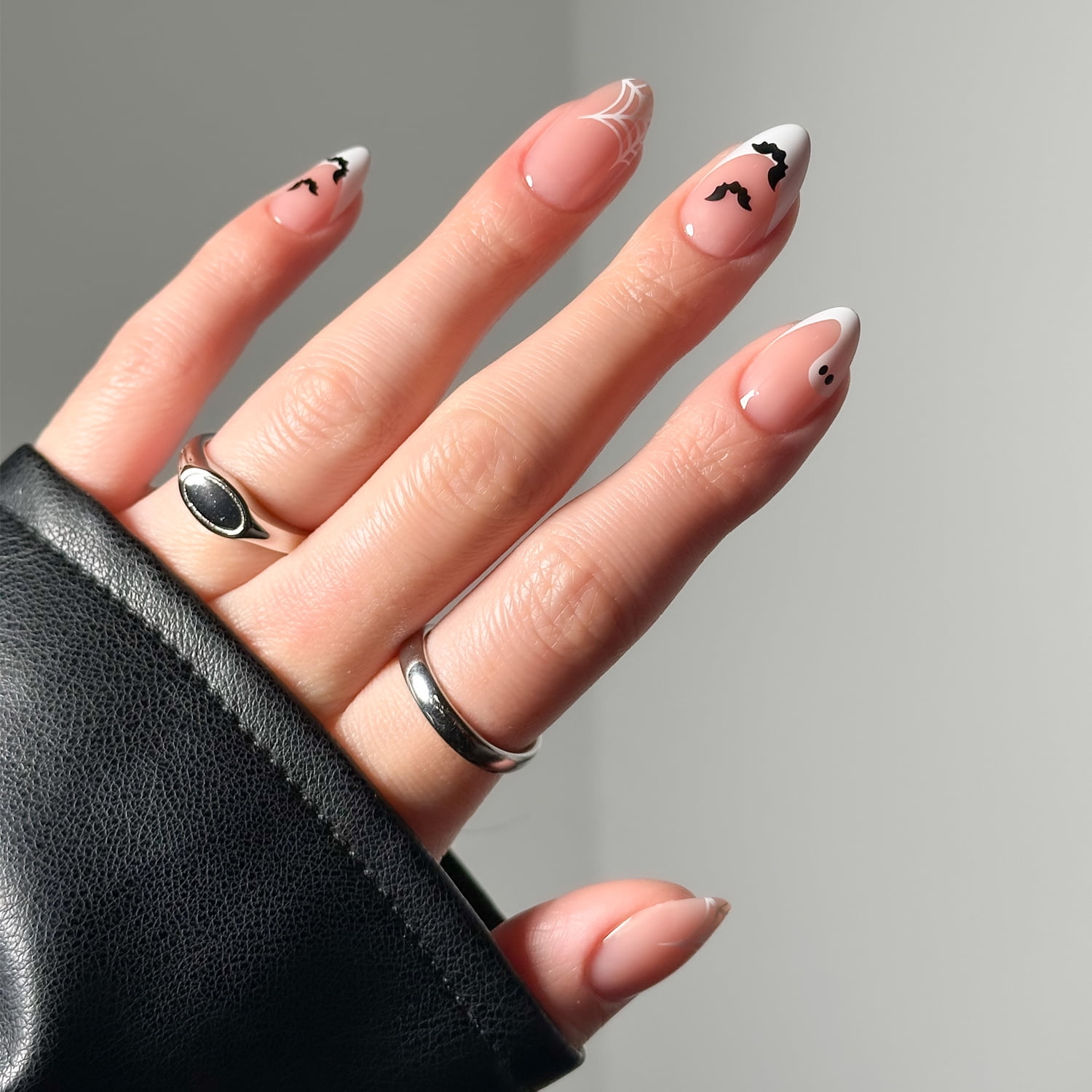 Salon Perfect Halloween Fall Artificial Fake Press On Nails, 397 White Ghost French Bats, Short Almond, File, Glue and Prep Pad Included, 30 Nails