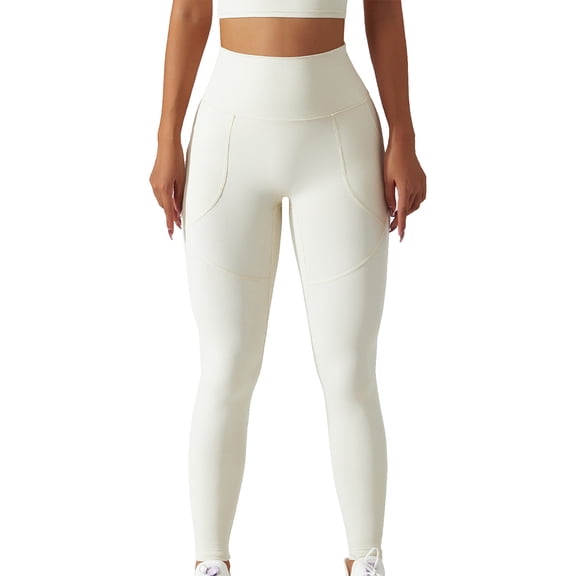 Women's Stretchy Tummy Control Leggings with Hip Lift & Pockets for Fitness Creamy Cream-Colored High Waist Yoga Pants