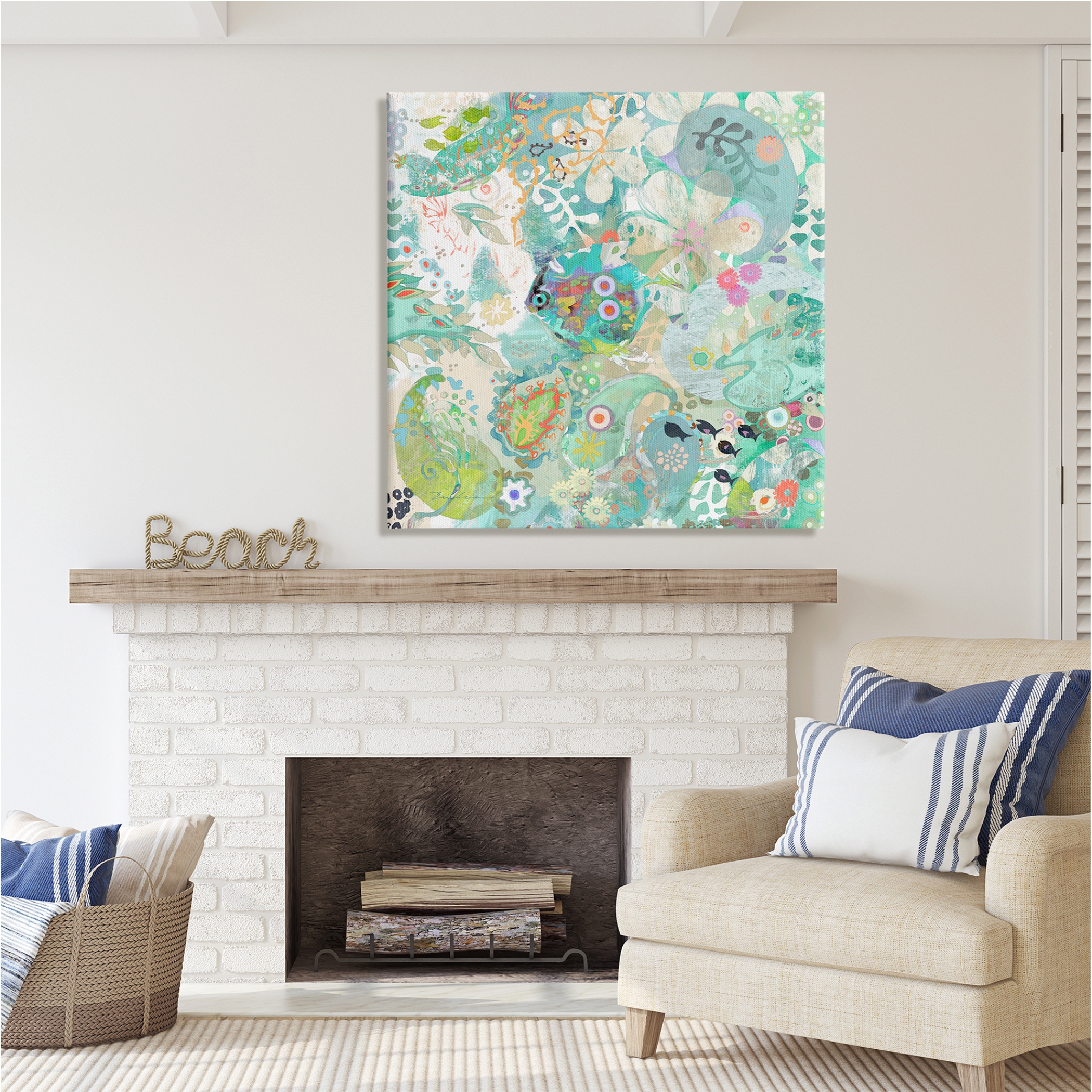 Stupell Industries Green Paisley Fish Pattern Botanical & Floral Painting Gallery Wrapped Canvas Print Wall Art, 36 x 36