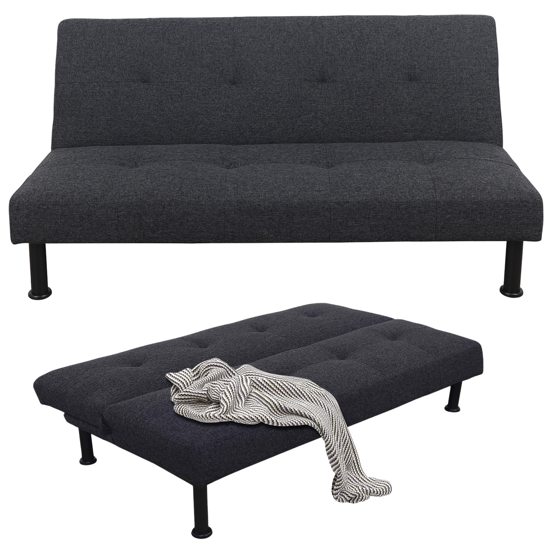 Aukfa Modern Futon Convertible Sofa Bed for Home Office, Tufted Back, Linen, Black Gray