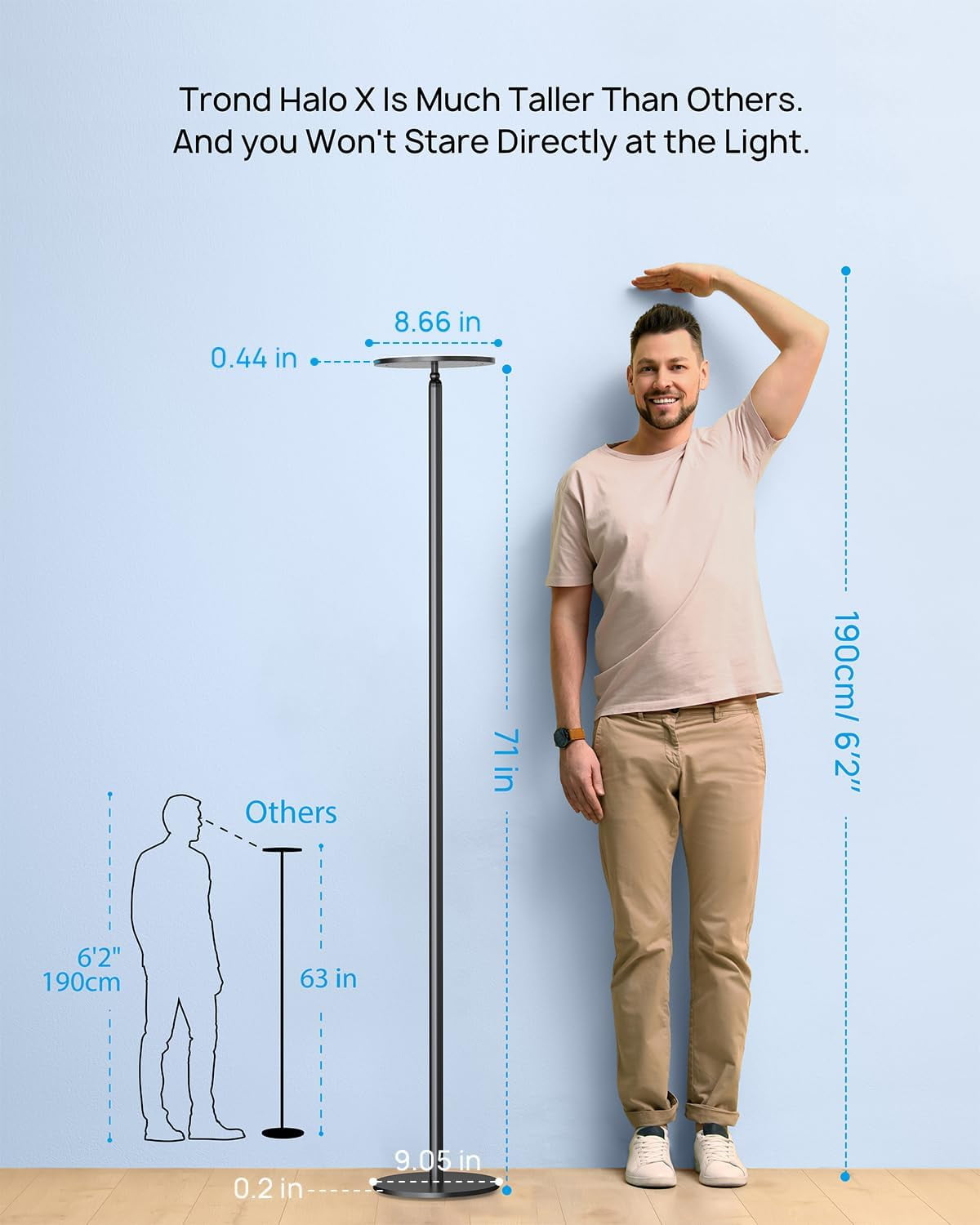 TROND LED Torchiere Floor Lamp, Dimmable 30W, 5500K Natural Daylight Max.5000lm, 71-inch Tall Standing Light, 30-Minute Timer, Black