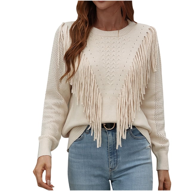 Suéteres Para Mujer Otoño Invierno Suéter de Punto de Moda Manga Larga Borla Cuello Redondo Suelta Color Sólido Tops Blusa Odeerbi ODB176684