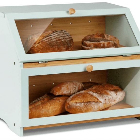 Double Layer Large Bread Box for Kitchen Counter, Wooden Large Capacity Bread Storage Bin (Mint Green)