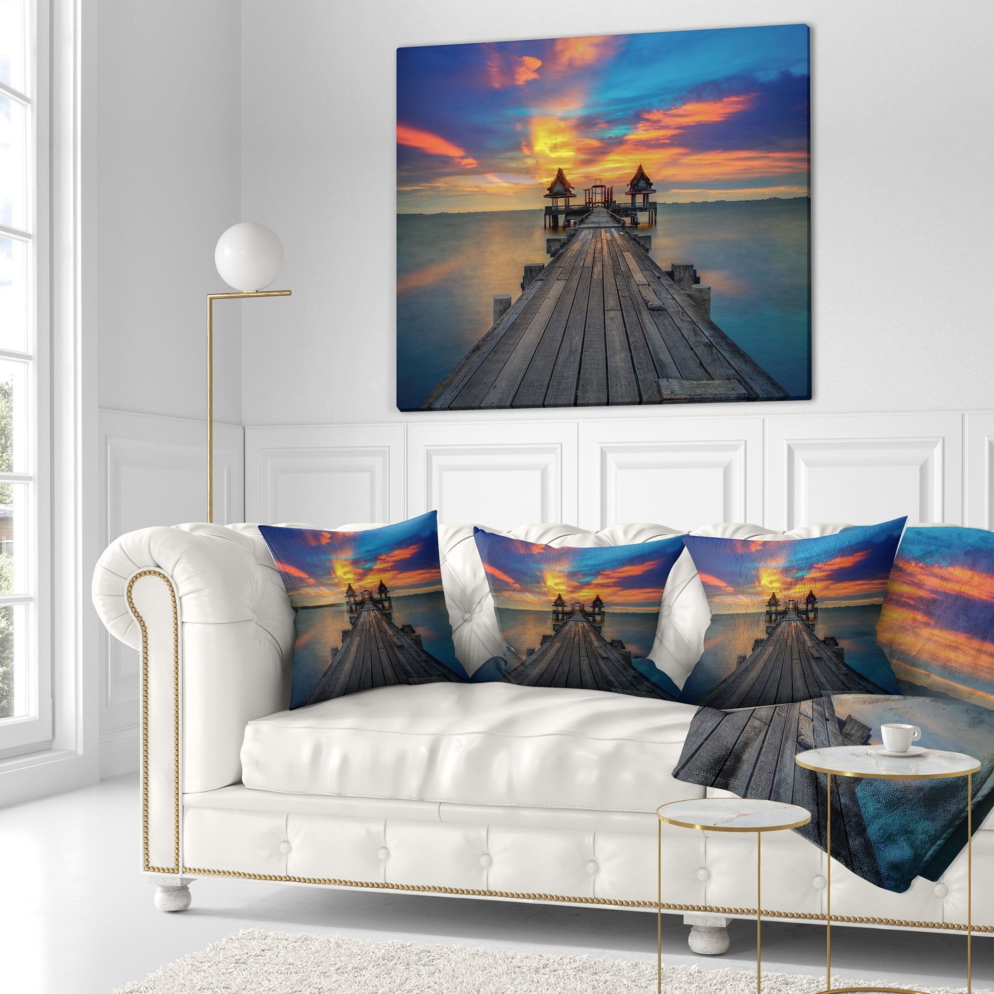 Designart Wide Wooden Bridge into Distant Sun - Pier Seascape Throw Pillow - 16x16