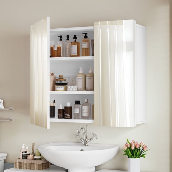 27.5” Medicine Cabinet Mirror with 2 Adjustable Shelves, Bathroom Mirror with Storage, Recessed or Wall Mount Bathroom Cabinet, White