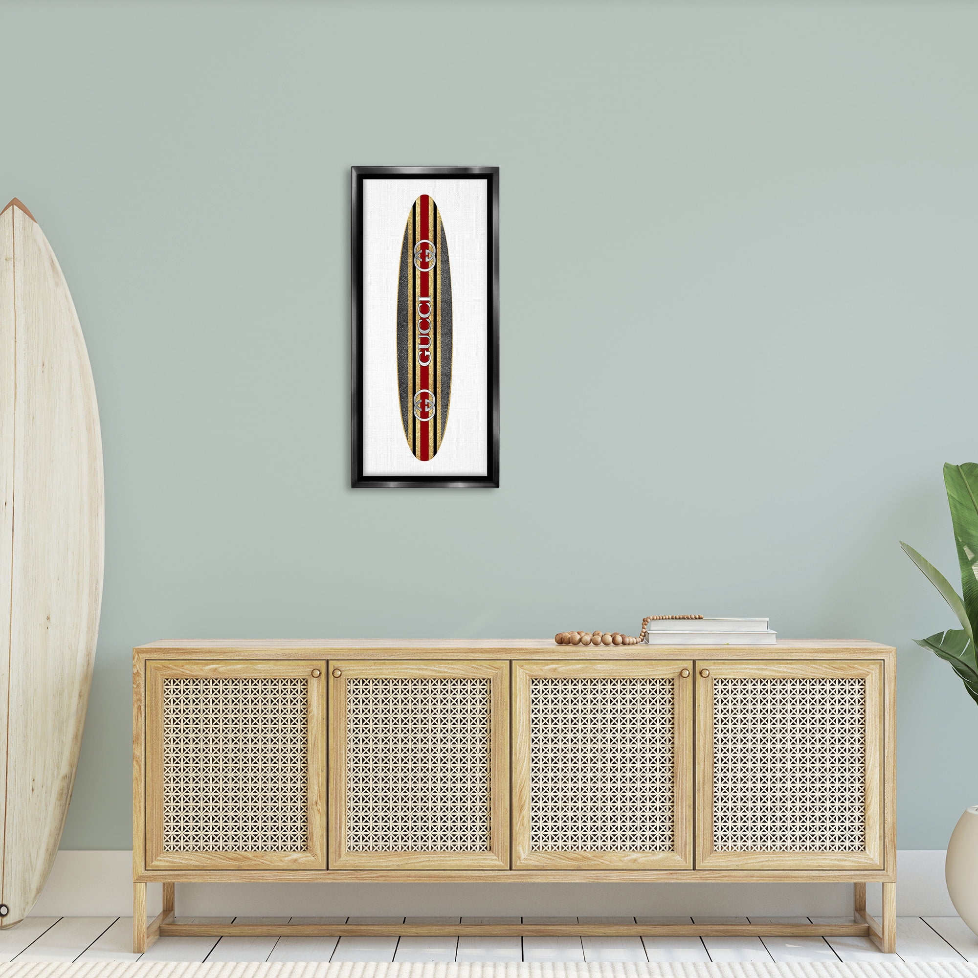 Stupell Industries Fashion Brand Surfboard Nature Painting Black Floater Framed Canvas Art Print Wall Art, 14 x 31