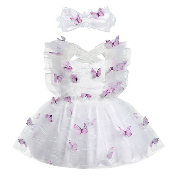 IBTOM CASTLE Baby Girls Butterfly Tutu Dress Summer Sleeveless Backless Lace Princess Birthday Party Dress with Headband Outfit 6-12 Months White - Butterfly