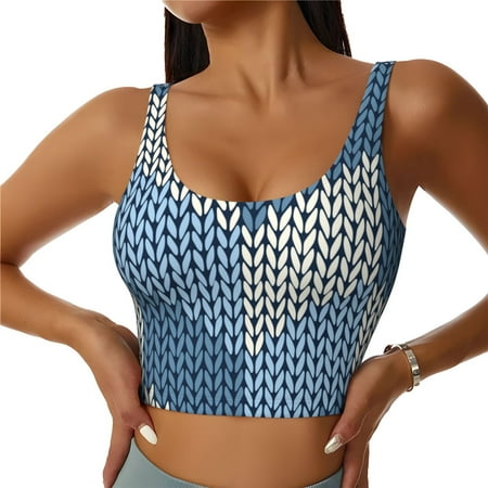 Adobk Cozy Knitted Blue Chevron Print Sports Bras for Women Longline Workout Crop Tank Tops Padded with Built in Shelf Padded Sports Bra-Medium