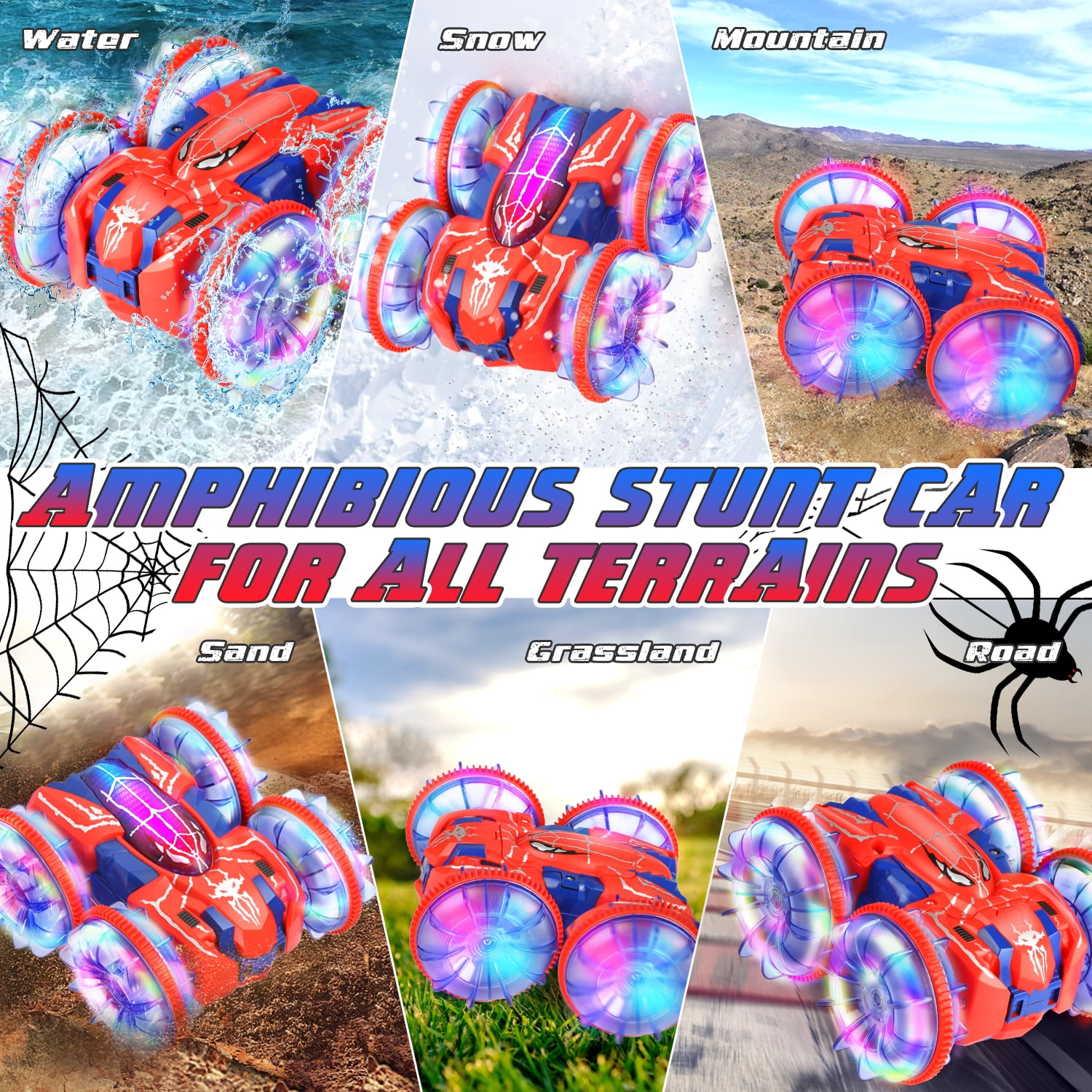 Huge Wave Amphibious RC Stunt Car for Boys, 2.4GHz 4WD Double-Sided Drift Car, Dual Gesture & Controller Control, LED Light Spider Design Vehicle Toy,Christmas Toys Gift for Kids Aged 6-12