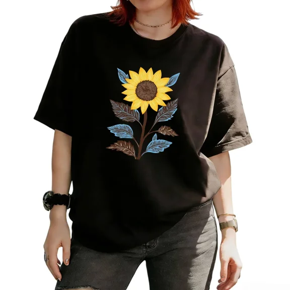 Cozymy Women's Boho Retro Sunflower with Blue Brown Leaves Graphic Short Sleeve T-Shirt Summer Floral Tees Tops