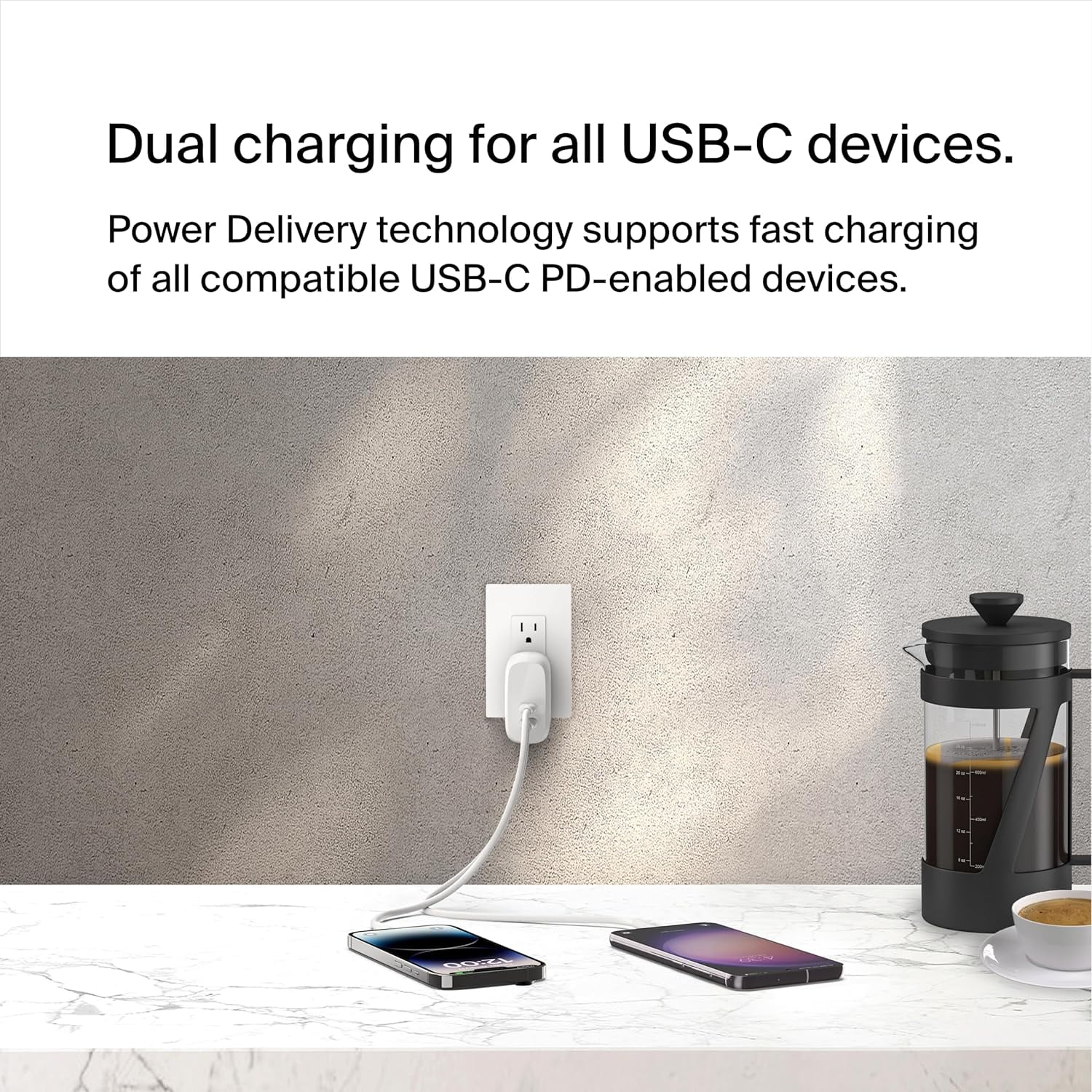 Belkin BoostCharge Dual USB-C Wall Charger w/PPS 60W for Apple iPhone 16, 16 Plus, iPad, Galaxy S25, Google Pixel, Nintendo Switch 2 - Compatible w/C to Lightning & C to C Cables - White