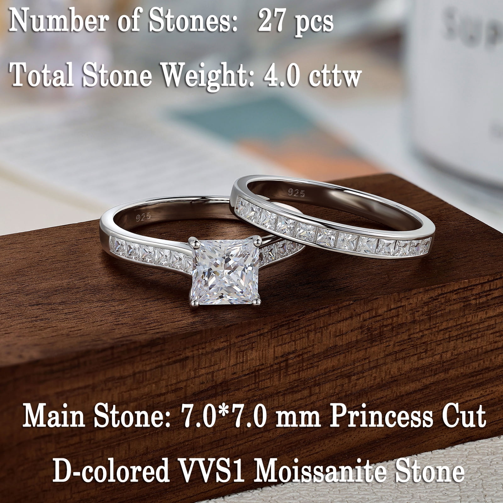 Newshe Jewellery 4 Ct Moissanite Wedding Rings for Women Promise Engagement Ring Sets VVS1 D Color Princess Size 10